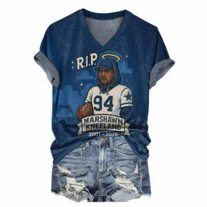 Women V-Neck Rip Marshawn Kneeland 2001 2025 Print Casual T-Shirt