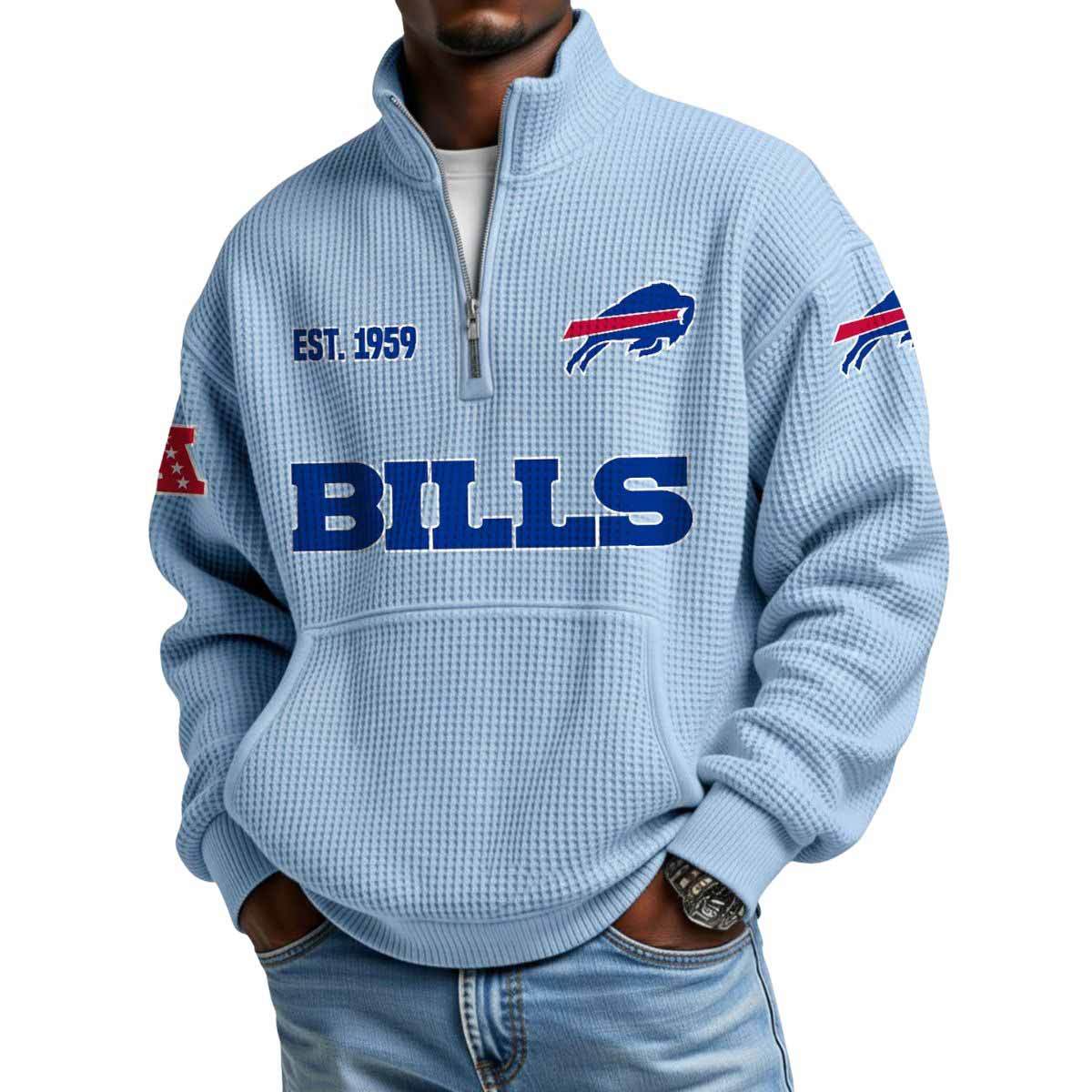 2025 Bills Est 1959 Quarter Zip Waffle Hoodie 2025 Bills Est 1959 Quarter Zip Waffle Hoodie
