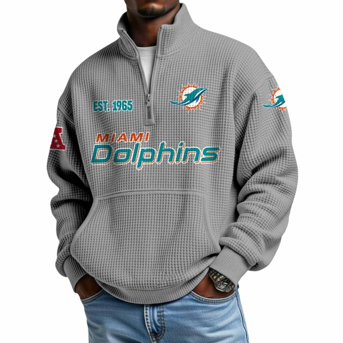 2025 Dolphins Est 1965 Waffle Stand Collar Half Zip Sweatshirt 2025 Dolphins Est 1965 Waffle Stand Collar Half Zip Sweatshirt