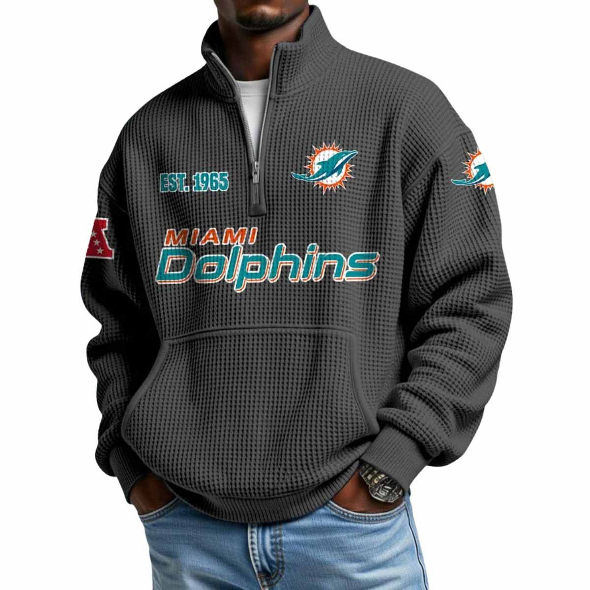 2025 Dolphins Est 1965 Waffle Stand Collar Half Zip Sweatshirt 2025 Dolphins Est 1965 Waffle Stand Collar Half Zip Sweatshirt
