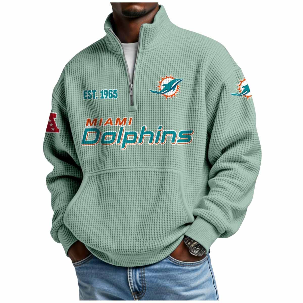 2025 Dolphins Est 1965 Waffle Stand Collar Half Zip Sweatshirt 2025 Dolphins Est 1965 Waffle Stand Collar Half Zip Sweatshirt