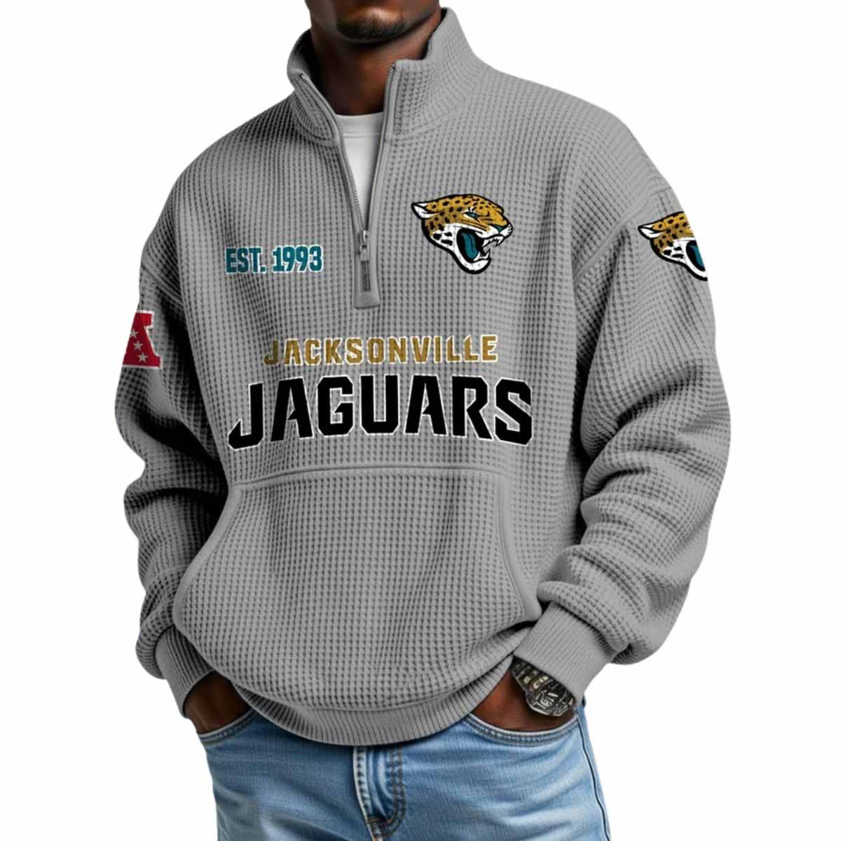 2025 Jaguars Est 1993 Waffle Stand Collar Half Zip Sweatshirt 2025 Jaguars Est 1993 Waffle Stand Collar Half Zip Sweatshirt