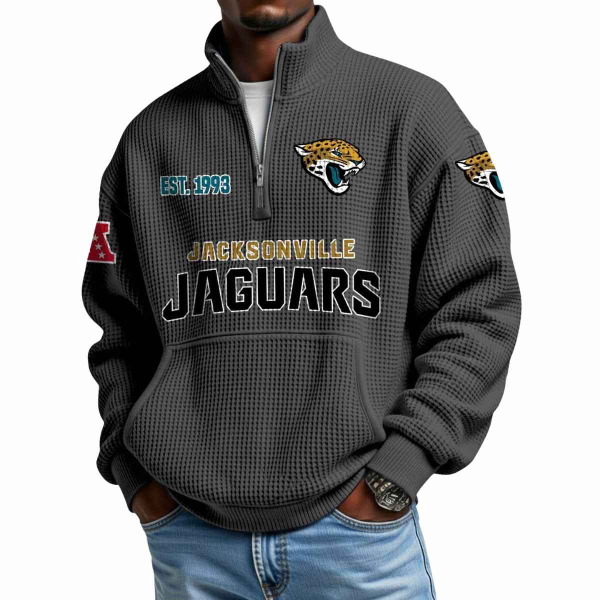 2025 Jaguars Est 1993 Waffle Stand Collar Half Zip Sweatshirt 2025 Jaguars Est 1993 Waffle Stand Collar Half Zip Sweatshirt