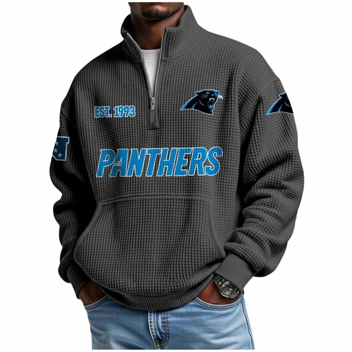 2025 Panthers Est 1993 Waffle Stand Collar Half Zip Sweatshirt 2025 Panthers Est 1993 Waffle Stand Collar Half Zip Sweatshirt