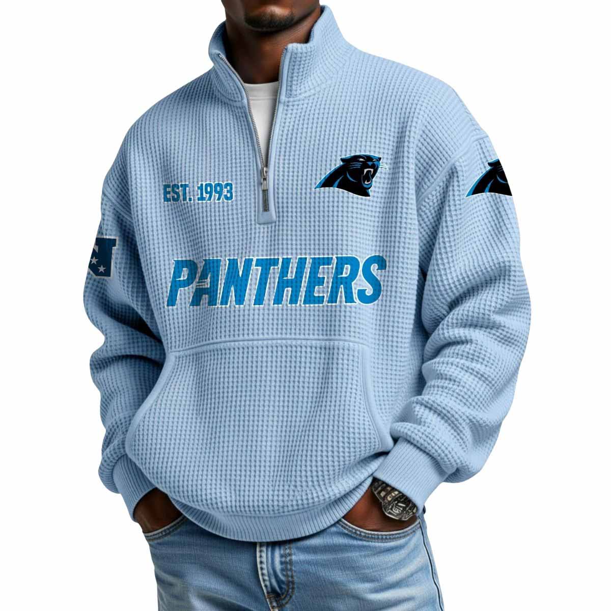 2025 Panthers Est 1993 Waffle Stand Collar Half Zip Sweatshirt 2025 Panthers Est 1993 Waffle Stand Collar Half Zip Sweatshirt