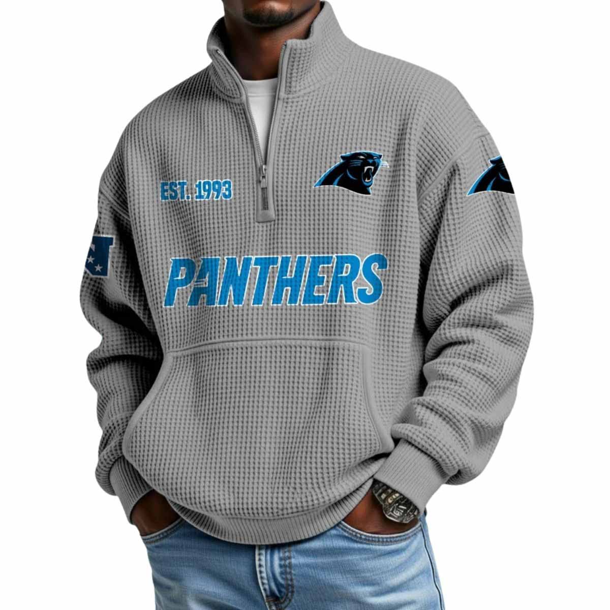 2025 Panthers Est 1993 Waffle Stand Collar Half Zip Sweatshirt 2025 Panthers Est 1993 Waffle Stand Collar Half Zip Sweatshirt