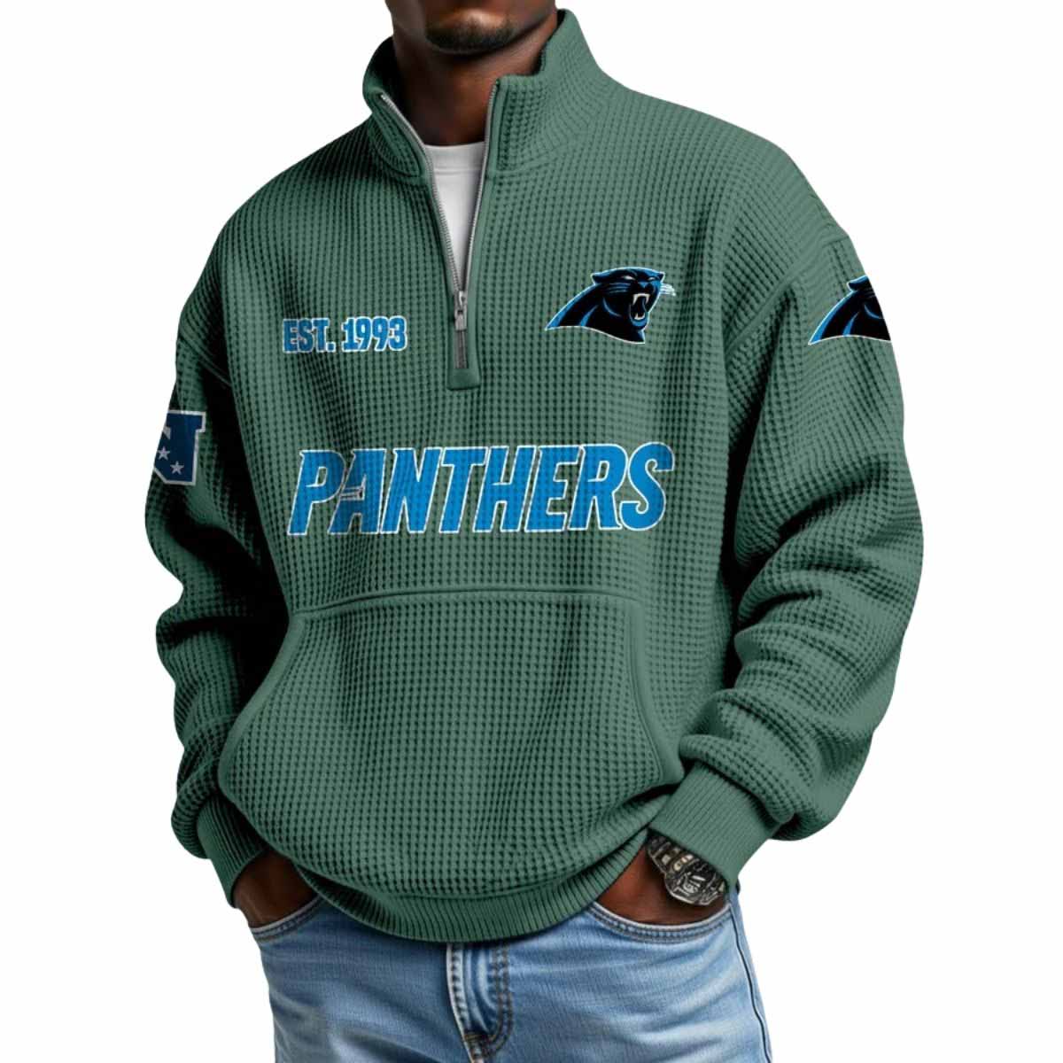 2025 Panthers Est 1993 Waffle Stand Collar Half Zip Sweatshirt 2025 Panthers Est 1993 Waffle Stand Collar Half Zip Sweatshirt