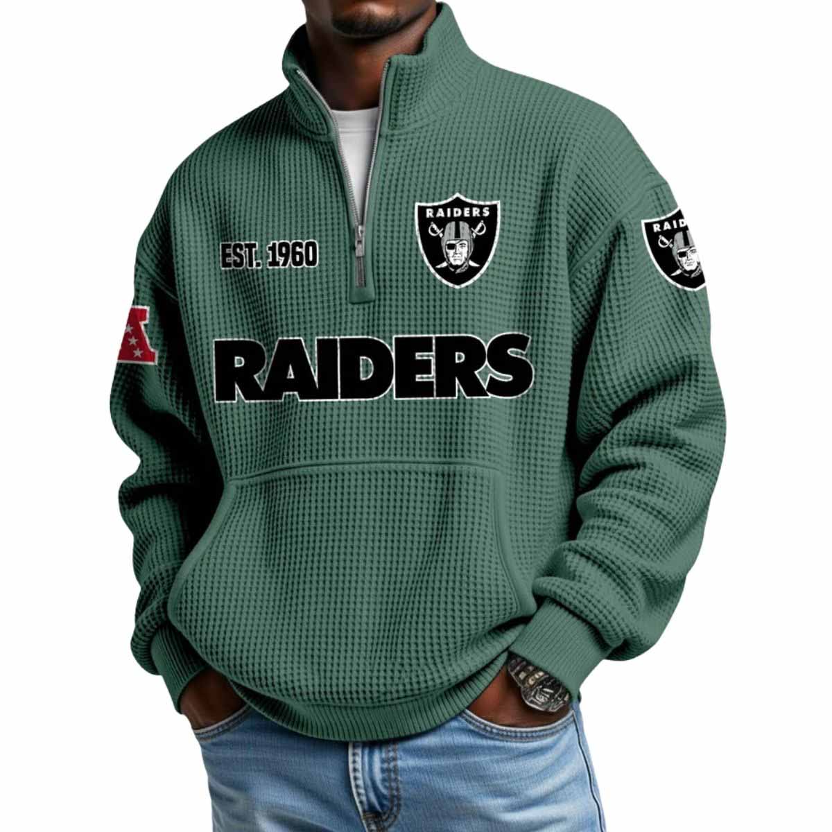 2025 Raiders Est 1960 Waffle Stand Collar Half Zip Sweatshirt 2025 Raiders Est 1960 Waffle Stand Collar Half Zip Sweatshirt