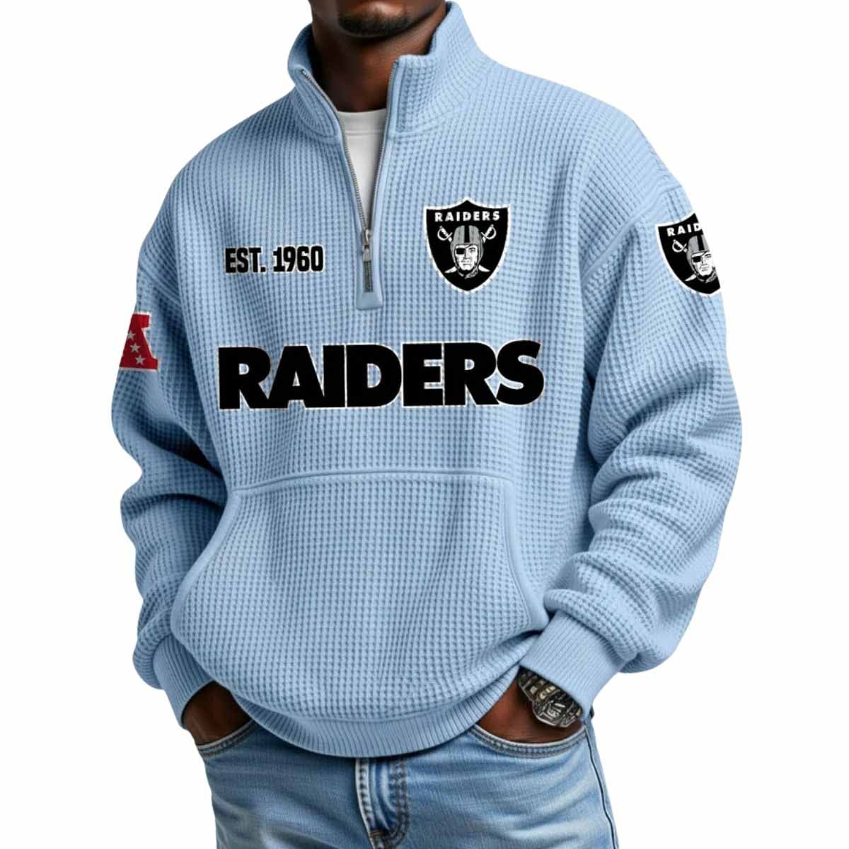 2025 Raiders Est 1960 Waffle Stand Collar Half Zip Sweatshirt 2025 Raiders Est 1960 Waffle Stand Collar Half Zip Sweatshirt