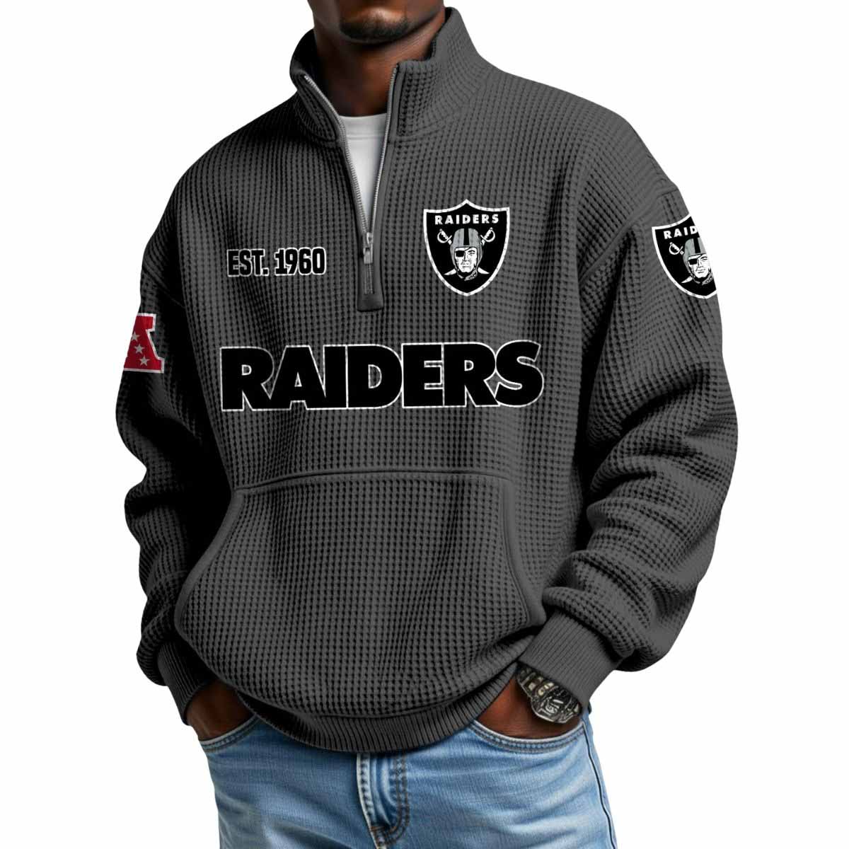 2025 Raiders Est 1960 Waffle Stand Collar Half Zip Sweatshirt 2025 Raiders Est 1960 Waffle Stand Collar Half Zip Sweatshirt
