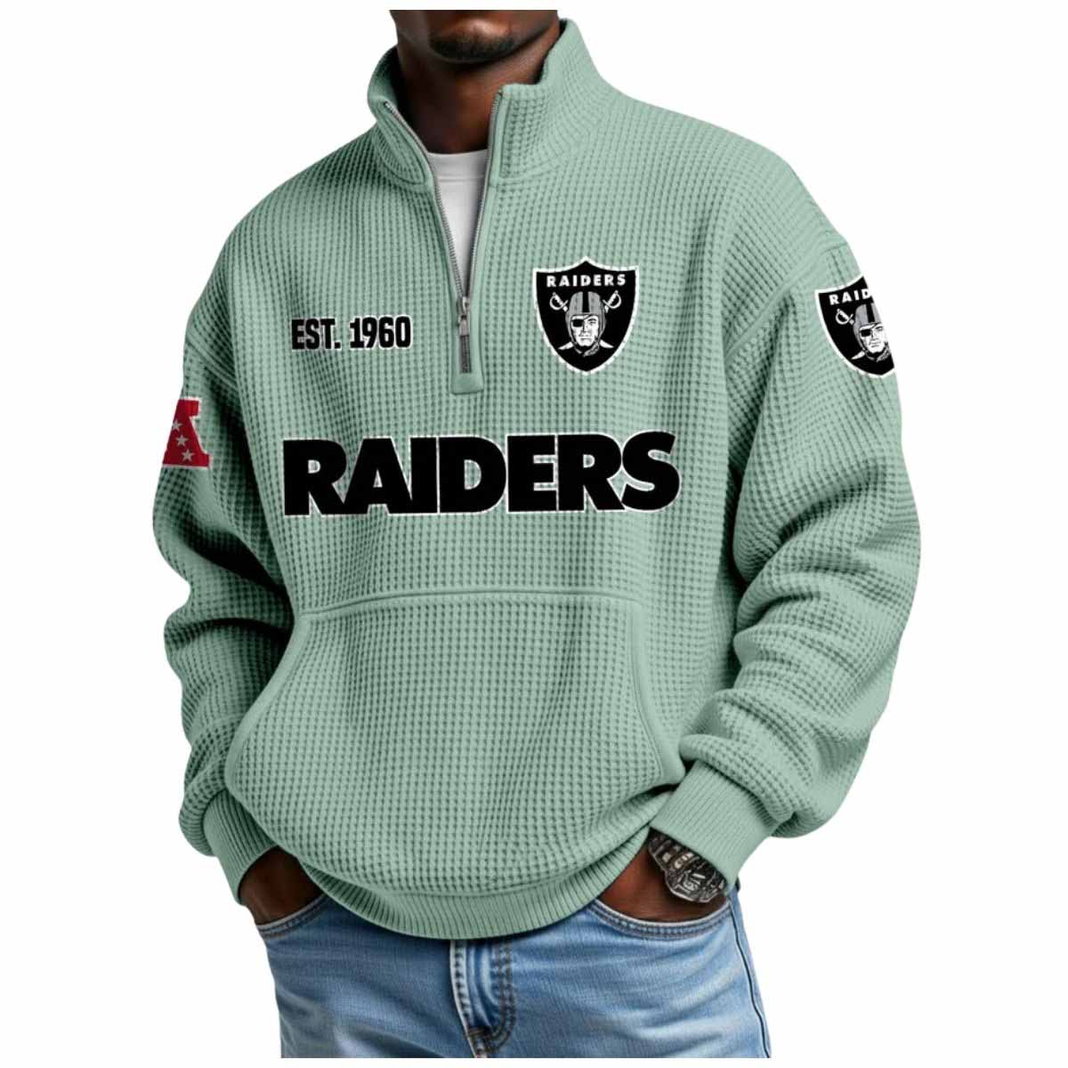 2025 Raiders Est 1960 Waffle Stand Collar Half Zip Sweatshirt 2025 Raiders Est 1960 Waffle Stand Collar Half Zip Sweatshirt