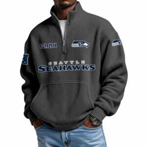2025 Seahawks Est 1974 Waffle Stand Collar Half Zip Sweatshirt
