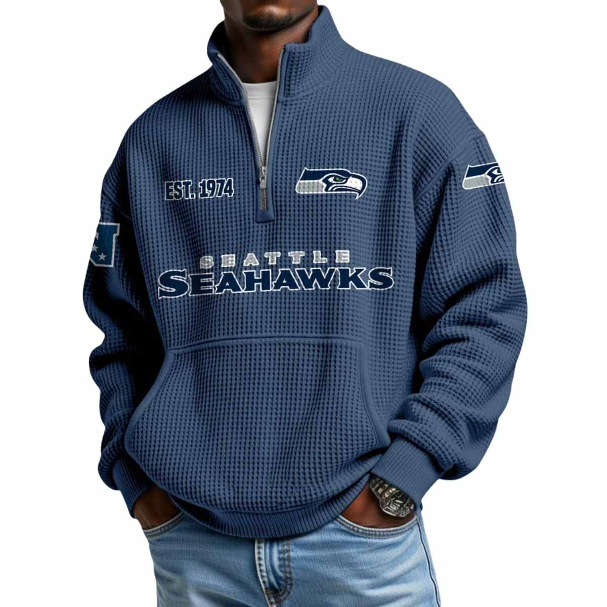 2025 Seahawks Est 1974 Waffle Stand Collar Half Zip Sweatshirt 2025 Seahawks Est 1974 Waffle Stand Collar Half Zip Sweatshirt