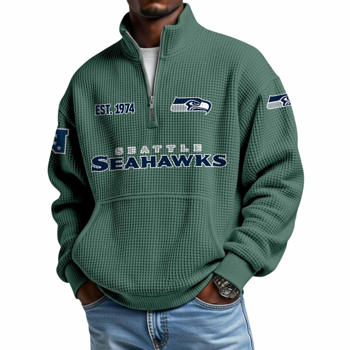 2025 Seahawks Est 1974 Waffle Stand Collar Half Zip Sweatshirt 2025 Seahawks Est 1974 Waffle Stand Collar Half Zip Sweatshirt
