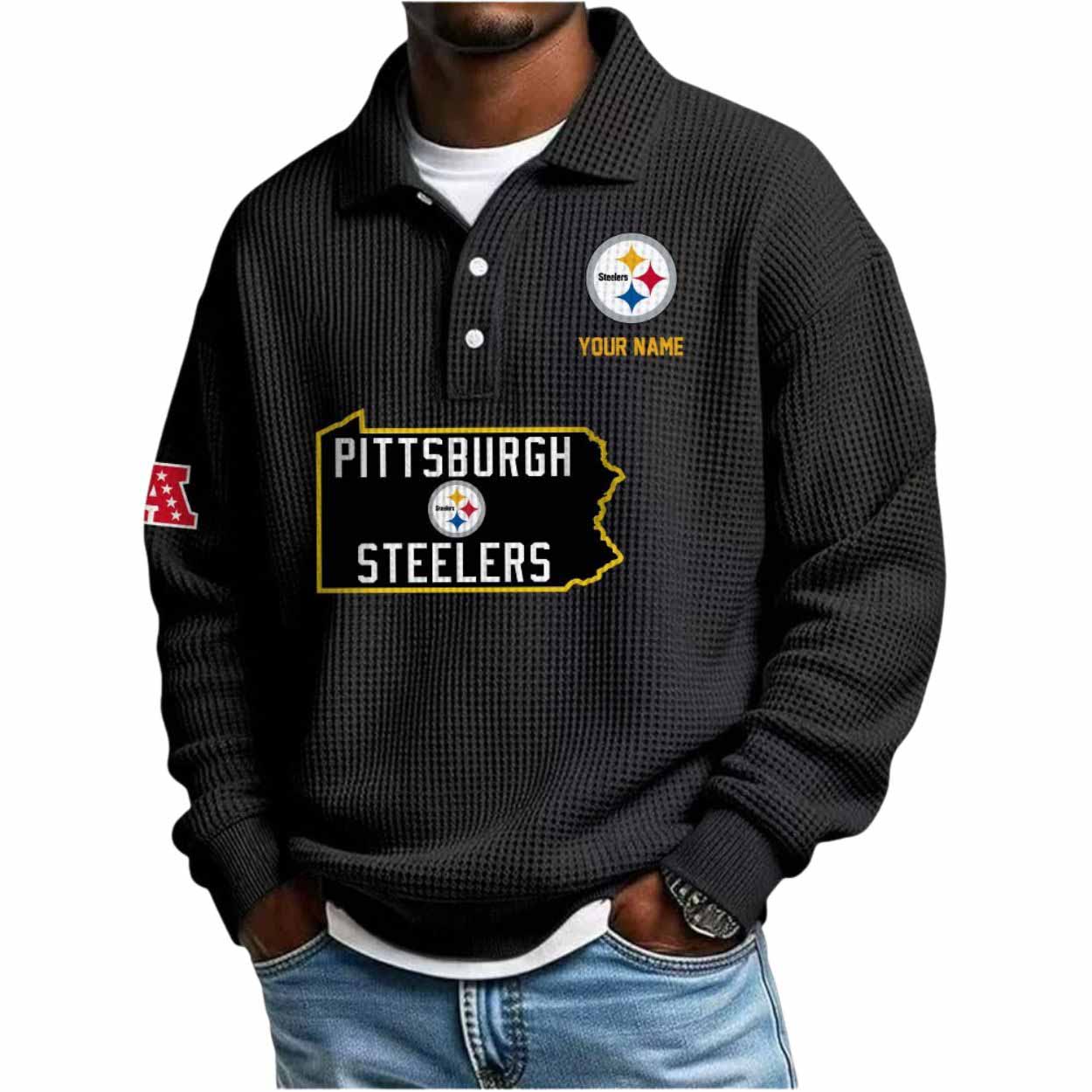 2025 Steelers Personalization Waffle Button Lapel Polo 2025 Steelers Personalization Waffle Button Lapel Polo