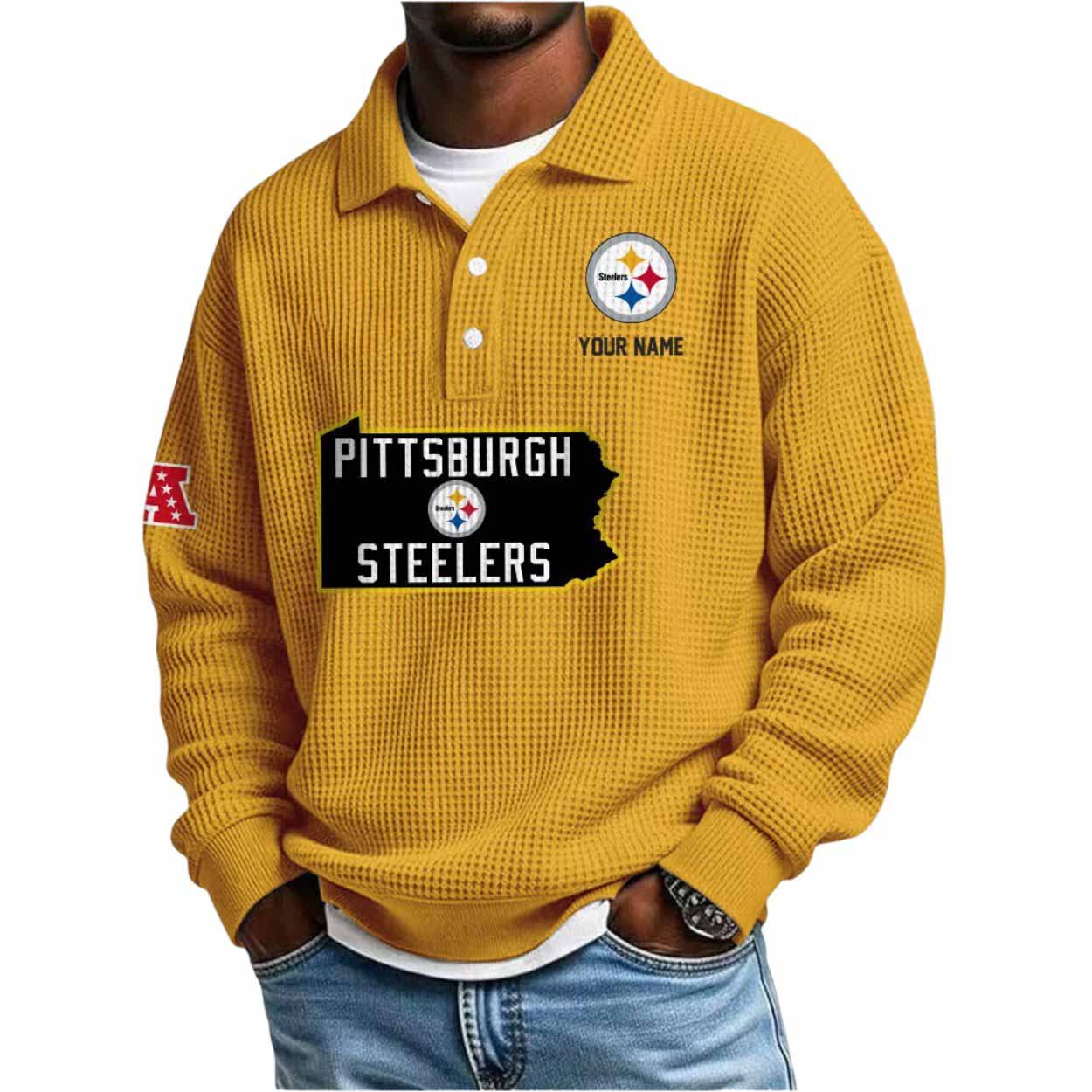 2025 Steelers Personalization Waffle Button Lapel Polo 2025 Steelers Personalization Waffle Button Lapel Polo