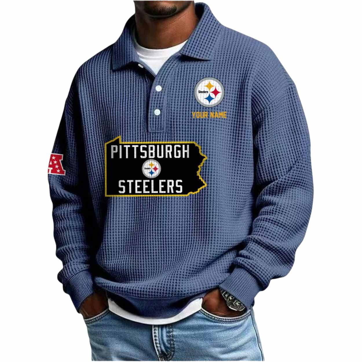 2025 Steelers Personalization Waffle Button Lapel Polo 2025 Steelers Personalization Waffle Button Lapel Polo