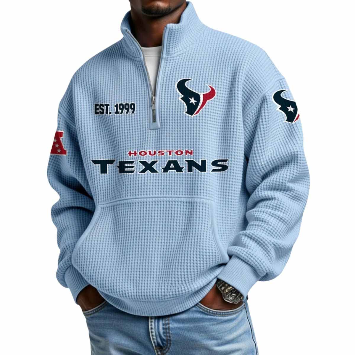 2025 Texans Est 1999 Waffle Stand Collar Half Zip Sweatshirt 2025 Texans Est 1999 Waffle Stand Collar Half Zip Sweatshirt