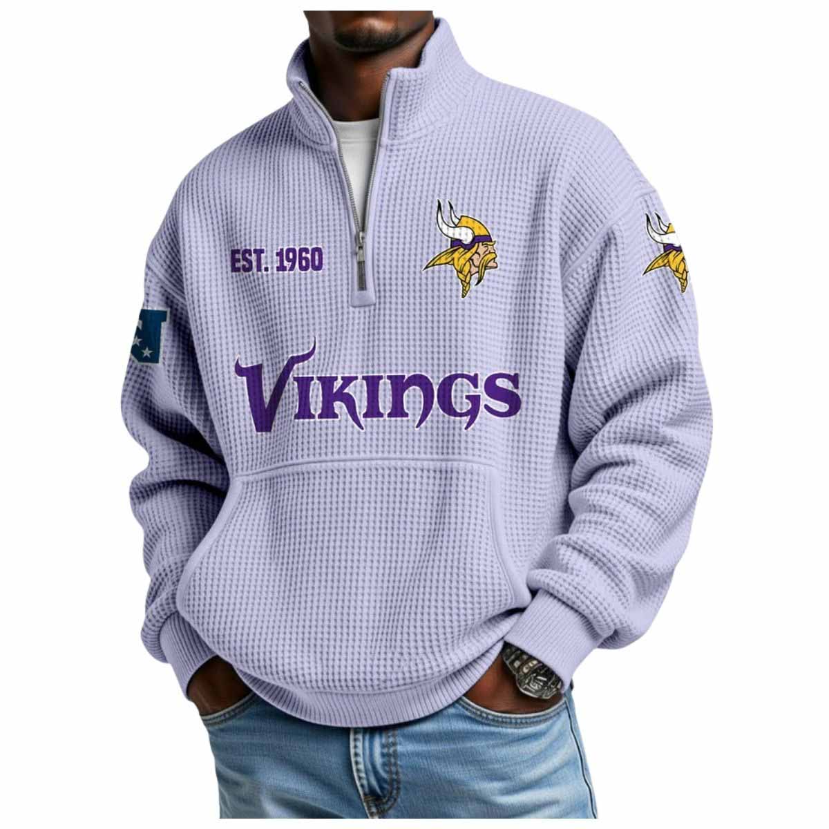 2025 Vikings Est 1960 Waffle Stand Collar Half Zip Sweatshirt 2025 Vikings Est 1960 Waffle Stand Collar Half Zip Sweatshirt