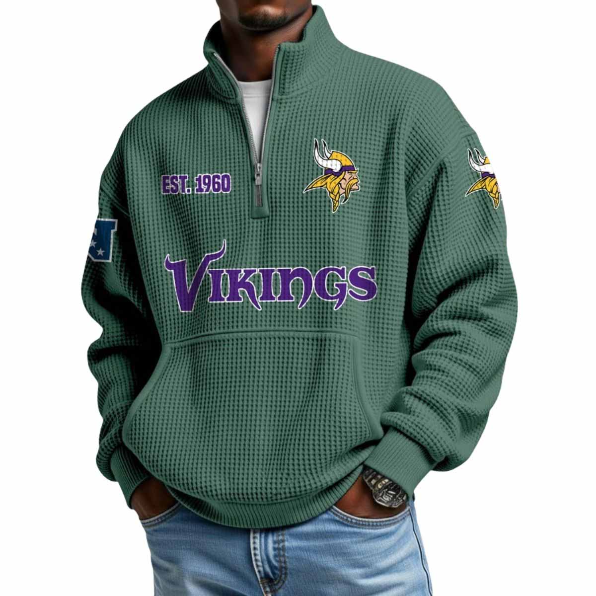 2025 Vikings Est 1960 Waffle Stand Collar Half Zip Sweatshirt 2025 Vikings Est 1960 Waffle Stand Collar Half Zip Sweatshirt