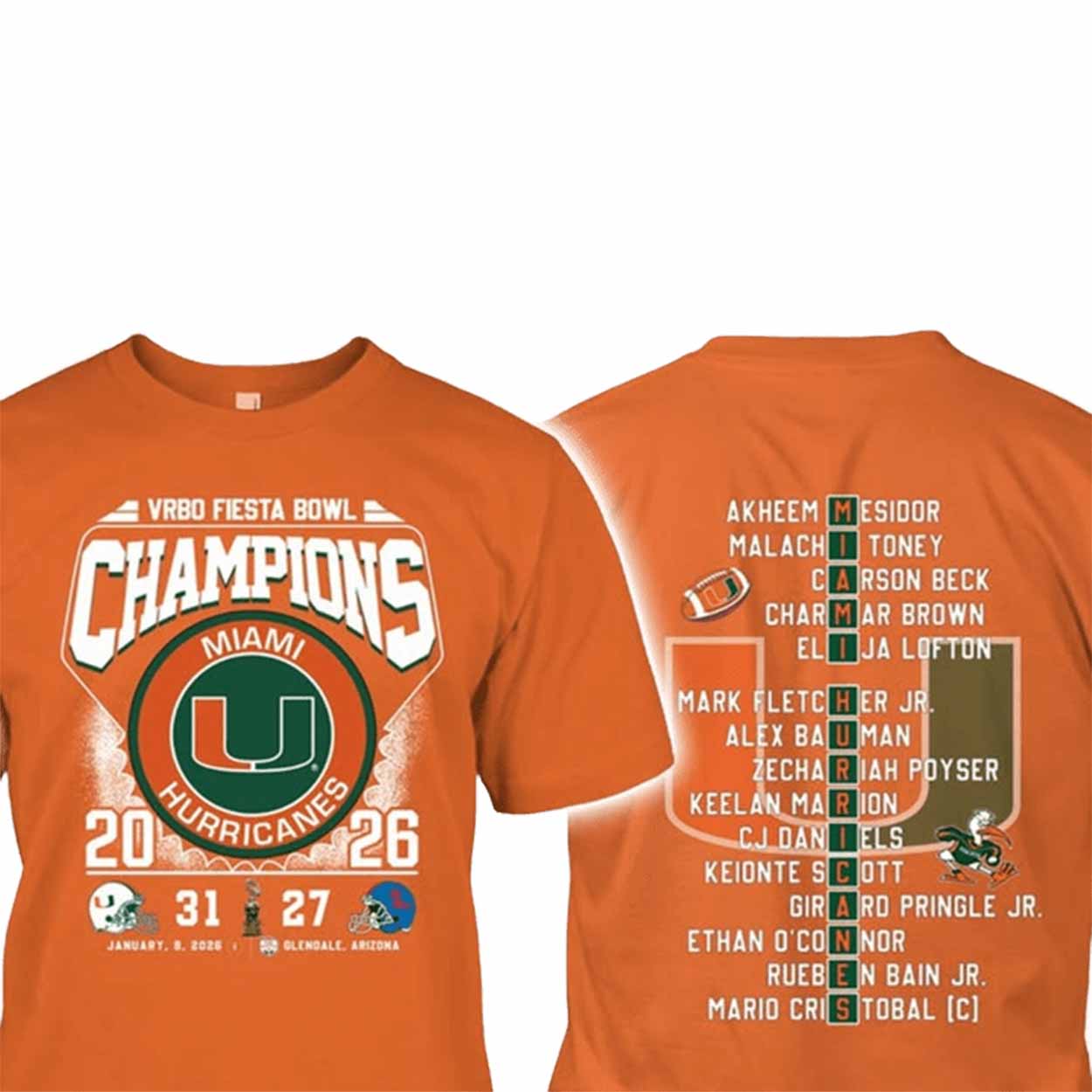 Hurricanes Vrbo Fiesta Bowl Champions 2026 Shirt Hurricanes Vrbo Fiesta Bowl Champions 2026 Shirt