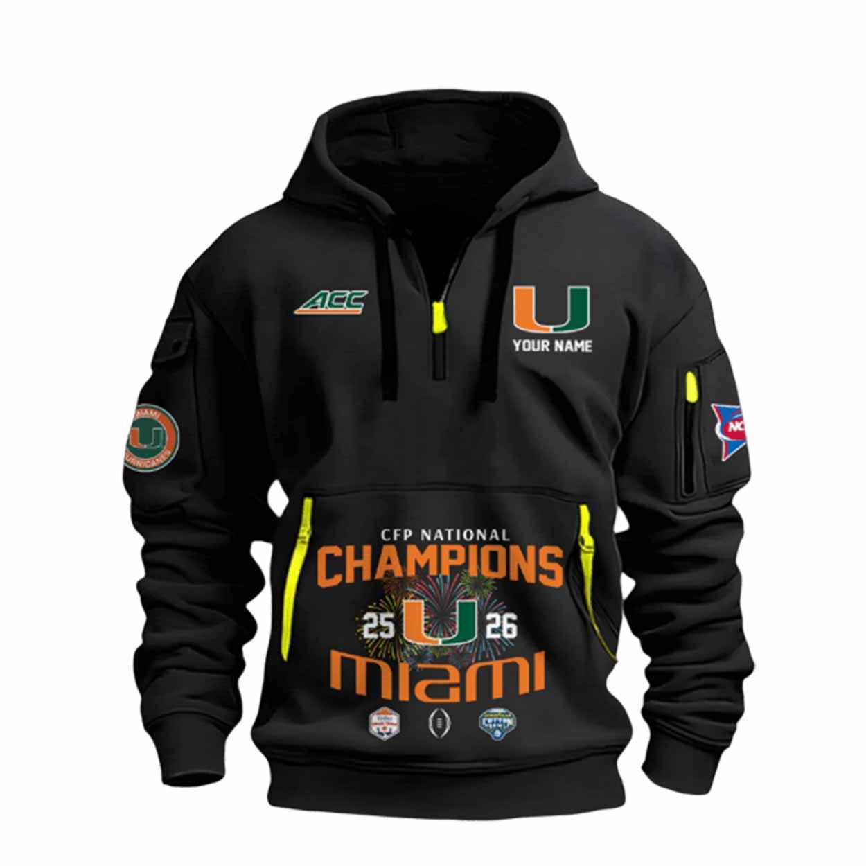 Miami Hurricanes CFP National Champions 2025-2026 Quarter Zip Hoodie Miami Hurricanes CFP National Champions 2025-2026 Quarter Zip Hoodie