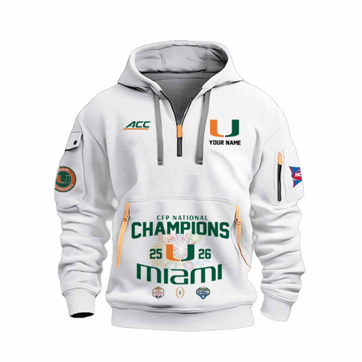 Miami Hurricanes CFP National Champions 2025 2026 Quarter Zip Hoodie Miami Hurricanes CFP National Champions 2025-2026 Quarter Zip Hoodie