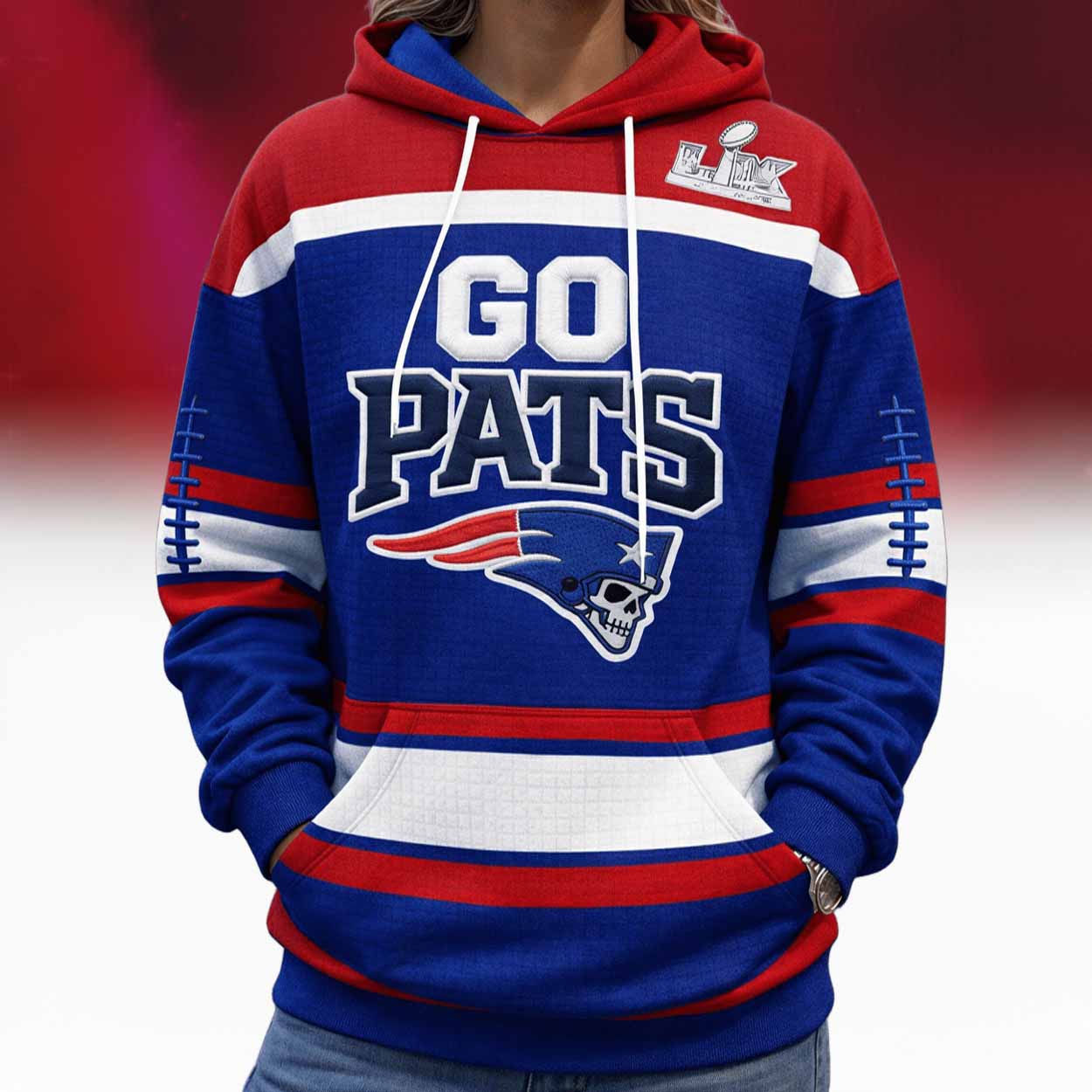 Patriots Go Pats Bowl LX Waffle Hoodie Patriots Go Pats Bowl LX Waffle Hoodie