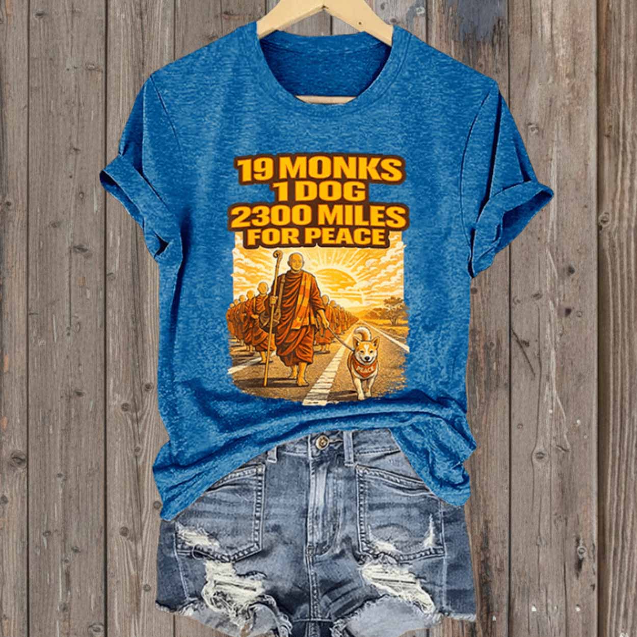 Retro Walk For Peace 19 Monks 1 Dog 2300 Miles For Peace Print T-Shirt Retro Walk For Peace 19 Monks 1 Dog 2300 Miles For Peace Print T-Shirt