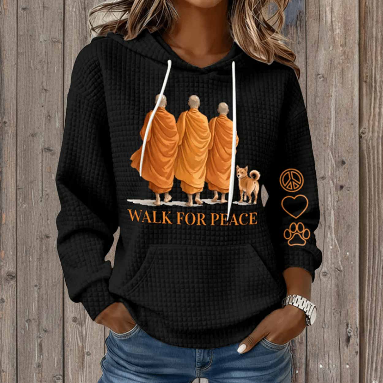 Retro Walk For Peace Monks With Aloka Dog Print Waffle Hoodie Retro Walk For Peace Monks With Aloka Dog Print Waffle Hoodie