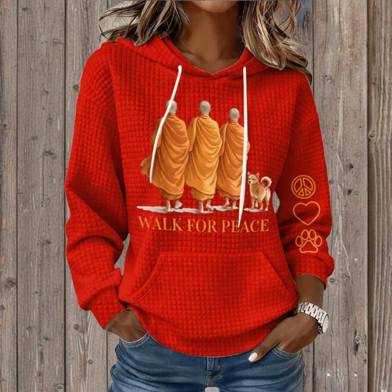 Retro Walk For Peace Monks With Aloka Dog Print Waffle Hoodie Retro Walk For Peace Monks With Aloka Dog Print Waffle Hoodie