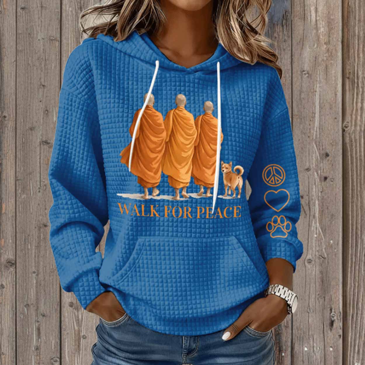 Retro Walk For Peace Monks With Aloka Dog Print Waffle Hoodie Retro Walk For Peace Monks With Aloka Dog Print Waffle Hoodie