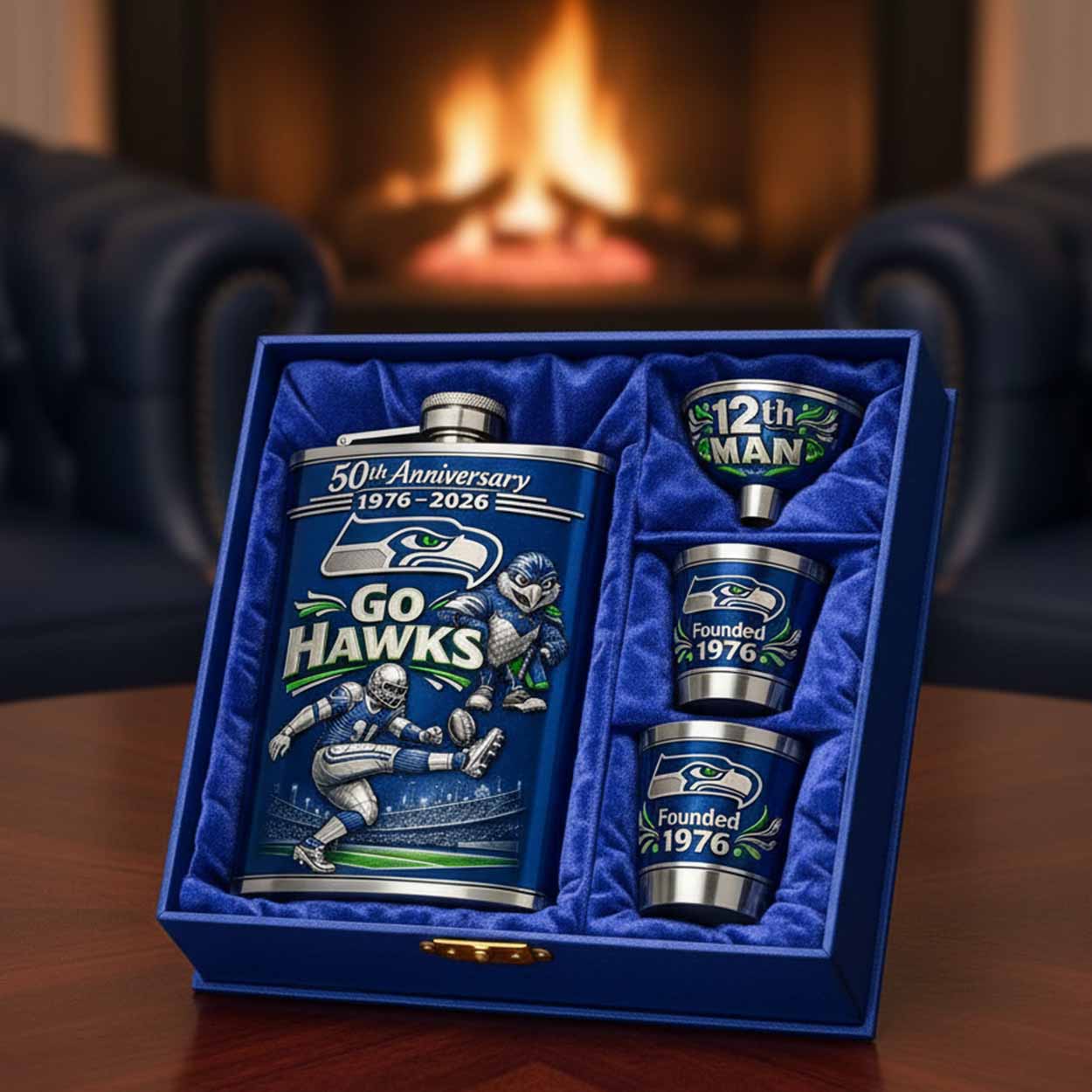 Seahawks 50th Anniversary 1976 2026 Flask Gift Set Seahawks 50th Anniversary 1976 2026 Flask Gift Set