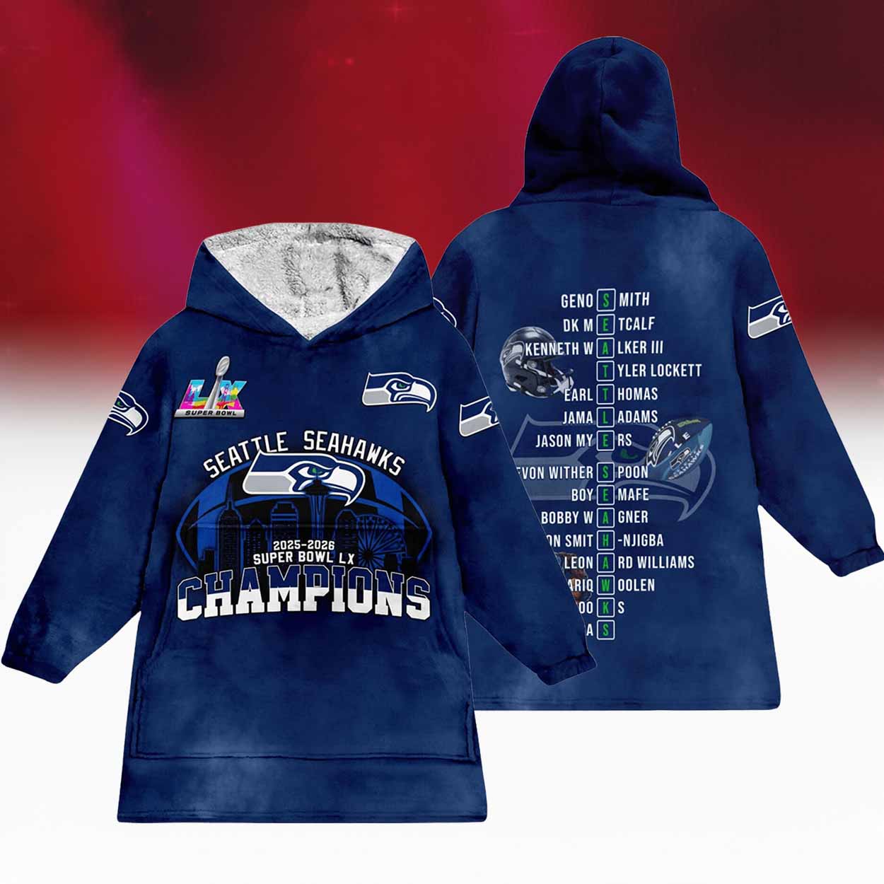 Seahawks Bowl LX Champions 2026 Blanket Hoodie Seahawks Bowl LX Champions 2026 Blanket Hoodie