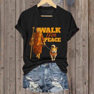 V-Neck Retro Walk For Peace Monks With Aloka Dog Print T-Shirt V-Neck Retro Walk For Peace Monks With Aloka Dog Print T-Shirt
