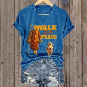 V Neck Retro Walk For Peace Monks With Aloka Dog Print T Shirt