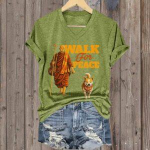 V Neck Retro Walk For Peace Monks With Aloka Dog Print T Shirt