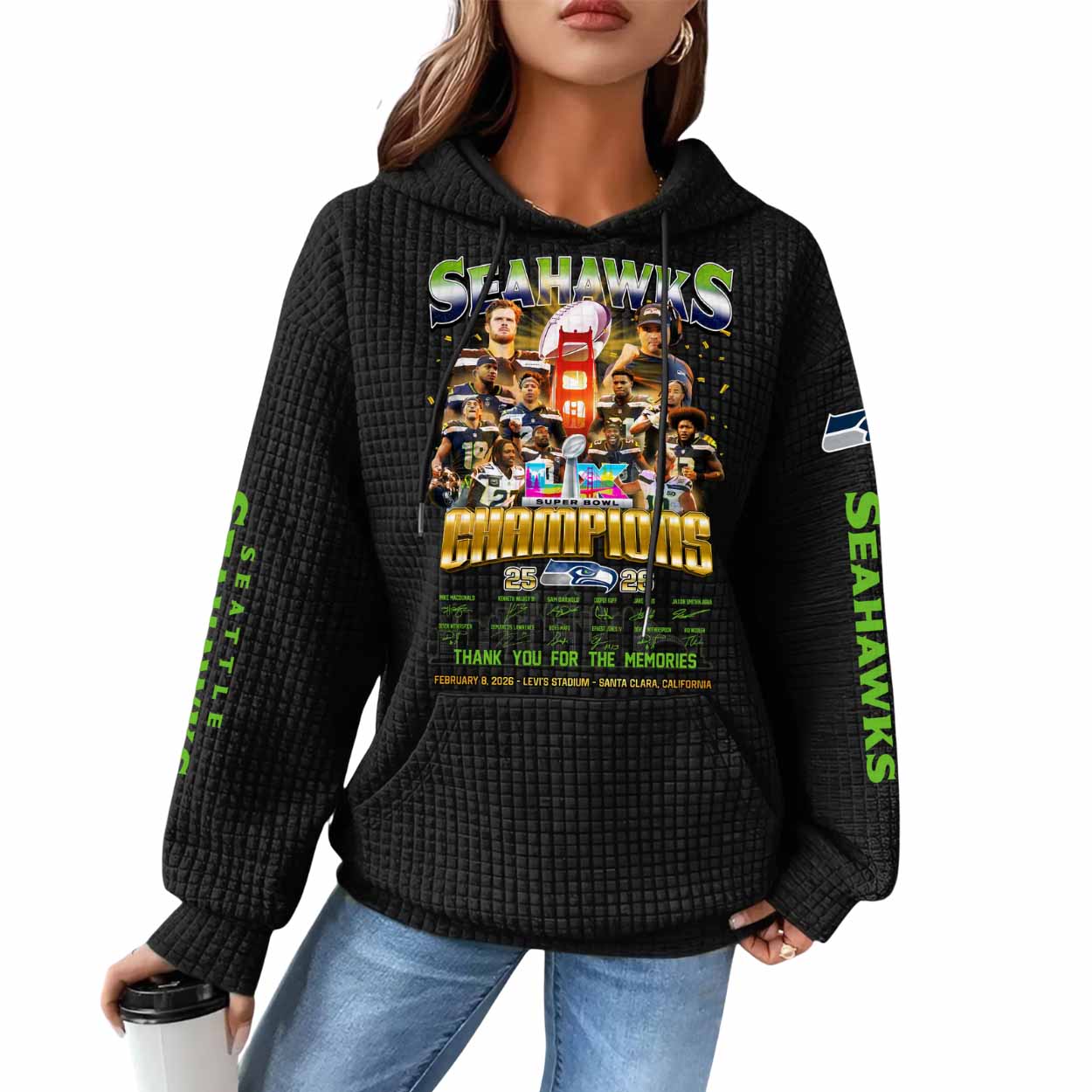2026 Seahawks Bowl LX Champions Thank You Memories Waffle Hoodie 2026 Seahawks Bowl LX Champions Thank You Memories Waffle Hoodie