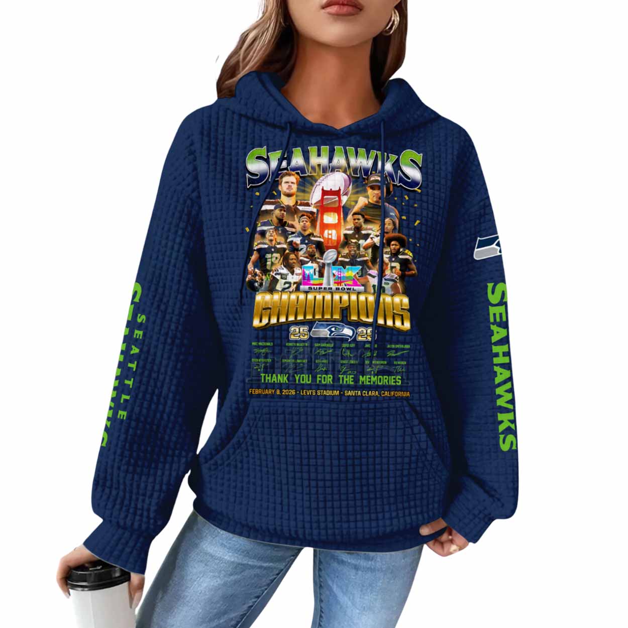 2026 Seahawks Bowl LX Champions Thank You Memories Waffle Hoodie 2026 Seahawks Bowl LX Champions Thank You Memories Waffle Hoodie
