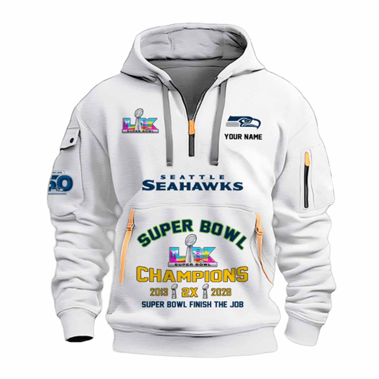 2026 Seahawks Bowl LX Finish The Job Quarter Zip Hoodie 2026 Seahawks Bowl LX Finish The Job Quarter Zip Hoodie