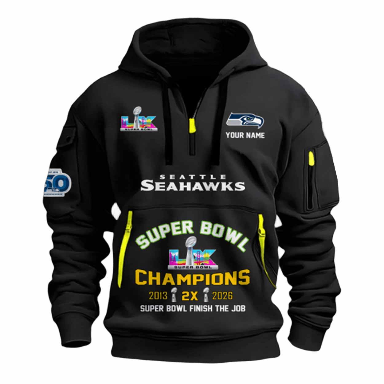 2026 Seahawks Bowl LX Finish The Job Quarter Zip Hoodie 2026 Seahawks Bowl LX Finish The Job Quarter Zip Hoodie