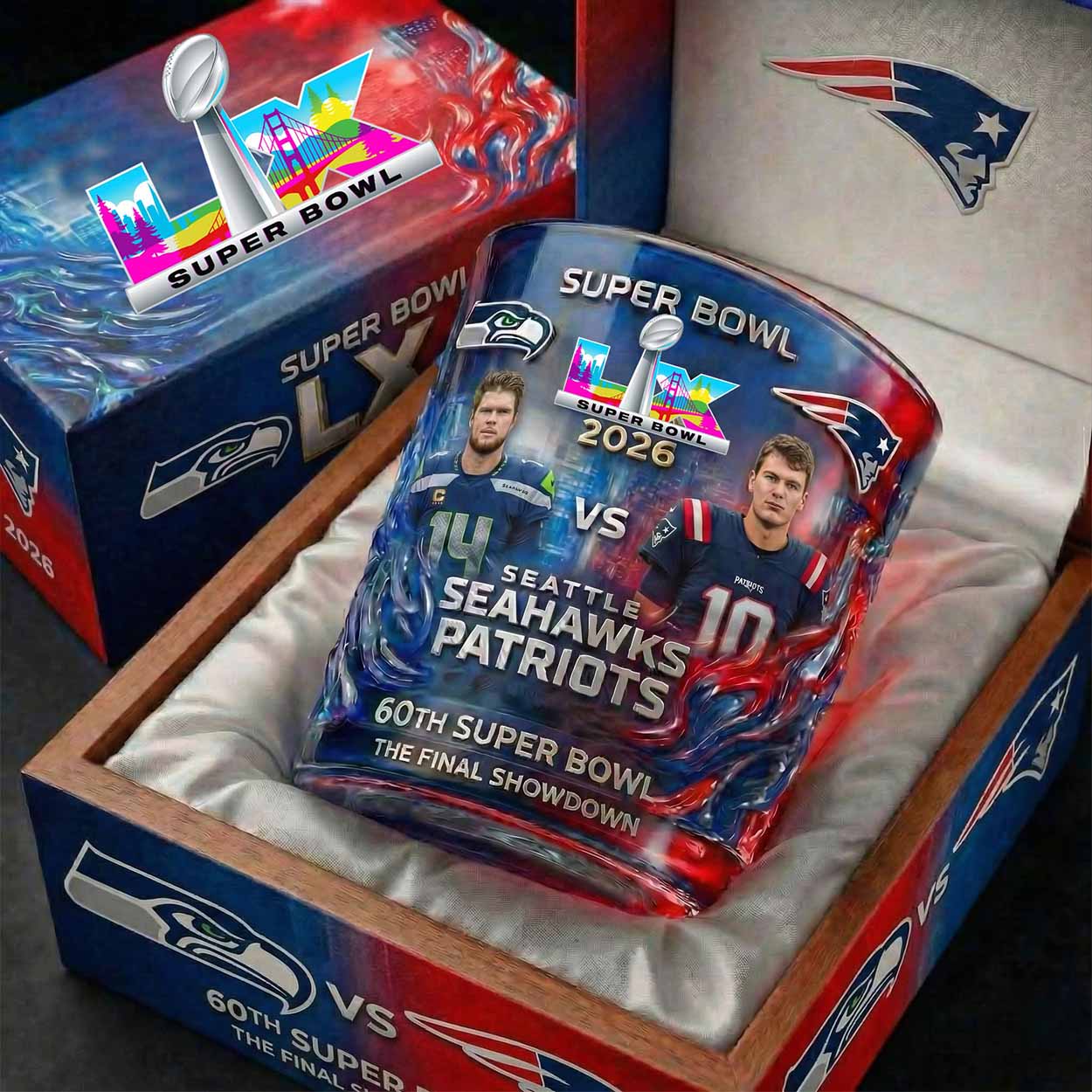 Seahawks vs Patriots 60th Bowl LX Whiskey Glass